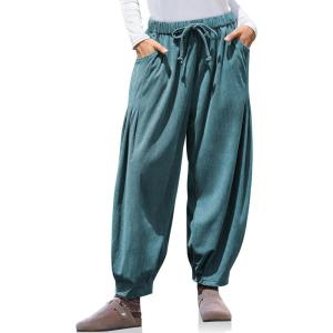 TARSE Womens Baggy Wide Leg Pants Corduroy Casual Drawstring Waist Palazzo Harem Pants with Pockets(Lake Blue)