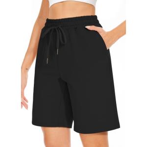 TARSE Women’s Bermuda Shorts Long Cotton Loose with Pockets Knee Length for Yoga Casual Walking Exercise Shorts(Black)