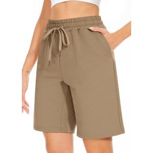 TARSE Women’s Bermuda Shorts Long Cotton Loose with Pockets Knee Length for Yoga Casual Walking Exercise Shorts(Coffee)