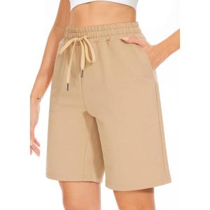 TARSE Women’s Bermuda Shorts Long Cotton Loose with Pockets Knee Length for Yoga Casual Walking Exercise Shorts(Light Khaki)