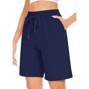 TARSE Women’s Bermuda Shorts Long Cotton Loose with Pockets Knee Length for Yoga Casual Walking Exercise Shorts(Navy)