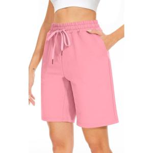 TARSE Women’s Bermuda Shorts Long Cotton Loose with Pockets Knee Length for Yoga Casual Walking Exercise Shorts(Peach Pink)