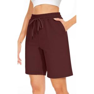 TARSE Women’s Bermuda Shorts Long Cotton Loose with Pockets Knee Length for Yoga Casual Walking Exercise Shorts(Wine)
