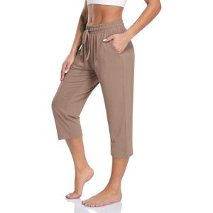 TARSE Women’s Capri Yoga Pants Loose Soft Drawstring Workout Sweatpants Causal Lounge Pants with Pockets(Brown Tan Capris)