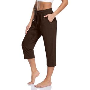 TARSE Women’s Capri Yoga Pants Loose Soft Drawstring Workout Sweatpants Causal Lounge Pants with Pockets(Chocolate Brown)