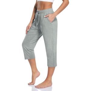 TARSE Women’s Capri Yoga Pants Loose Soft Drawstring Workout Sweatpants Causal Lounge Pants with Pockets(Classic Heather Light Gray)