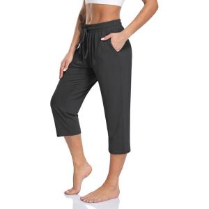 TARSE Women’s Capri Yoga Pants Loose Soft Drawstring Workout Sweatpants Causal Lounge Pants with Pockets(Dark Gray Capris)
