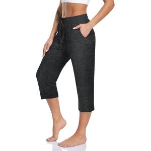 TARSE Women’s Capri Yoga Pants Loose Soft Drawstring Workout Sweatpants Causal Lounge Pants with Pockets(Heather Charcoal Gray)