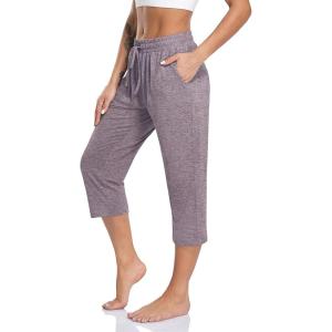 TARSE Women’s Capri Yoga Pants Loose Soft Drawstring Workout Sweatpants Causal Lounge Pants with Pockets(Heather Lilac Purple)