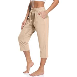 TARSE Women’s Capri Yoga Pants Loose Soft Drawstring Workout Sweatpants Causal Lounge Pants with Pockets(Lightkhaki)