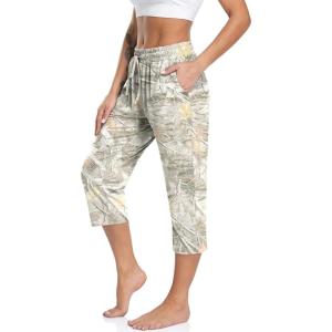 TARSE Women’s Capri Yoga Pants Loose Soft Drawstring Workout Sweatpants Causal Lounge Pants with Pockets(Mapleleaf Apricot)