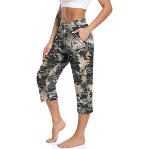 TARSE Women’s Capri Yoga Pants Loose Soft Drawstring Workout Sweatpants Causal Lounge Pants with Pockets(Mapleleaf Black)