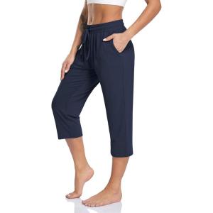 TARSE Women’s Capri Yoga Pants Loose Soft Drawstring Workout Sweatpants Causal Lounge Pants with Pockets(Navy Capris)