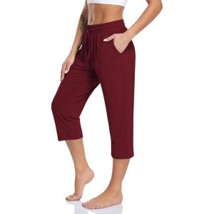 TARSE Women’s Capri Yoga Pants Loose Soft Drawstring Workout Sweatpants Causal Lounge Pants with Pockets(Wine Red)