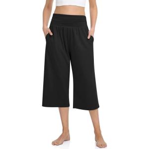 TARSE Womens Capris Lounge Yoga Pajama Cropped Pants Casual Wide Leg with Pockets Elastic Waist Workout Sweat Pants Summer(Black)