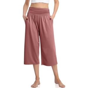 TARSE Womens Capris Lounge Yoga Pajama Cropped Pants Casual Wide Leg with Pockets Elastic Waist Workout Sweat Pants Summer(Dusty Rose)