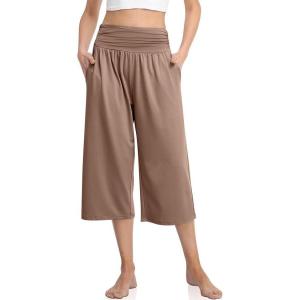 TARSE Womens Capris Lounge Yoga Pajama Cropped Pants Casual Wide Leg with Pockets Elastic Waist Workout Sweat Pants Summer(Light Coffee)