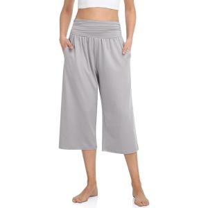 TARSE Womens Capris Lounge Yoga Pajama Cropped Pants Casual Wide Leg with Pockets Elastic Waist Workout Sweat Pants Summer(Light Gray)