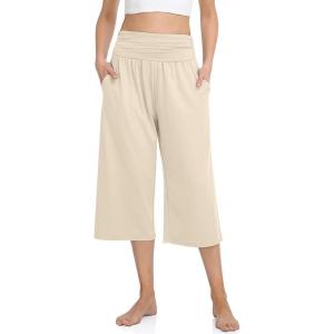 TARSE Womens Capris Lounge Yoga Pajama Cropped Pants Casual Wide Leg with Pockets Elastic Waist Workout Sweat Pants Summer(Light Khaki)