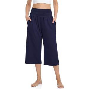 TARSE Womens Capris Lounge Yoga Pajama Cropped Pants Casual Wide Leg with Pockets Elastic Waist Workout Sweat Pants Summer(Navy)