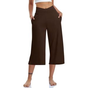 TARSE Womens Casual Wide Leg Yoga Capris Crossover High Waist Capri Pants Loose Soft Pajama Pockets Sweatpants(Dark Brown)