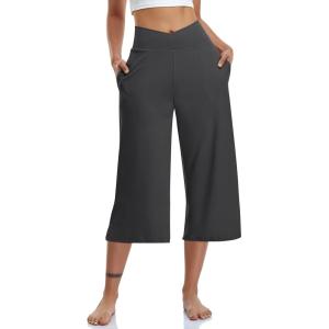TARSE Womens Casual Wide Leg Yoga Capris Crossover High Waist Capri Pants Loose Soft Pajama Pockets Sweatpants(Dark Gray)