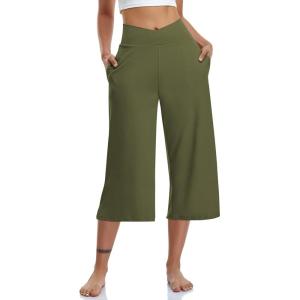 TARSE Womens Casual Wide Leg Yoga Capris Crossover High Waist Capri Pants Loose Soft Pajama Pockets Sweatpants(Green)