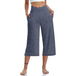 TARSE Womens Casual Wide Leg Yoga Capris Crossover High Waist Capri Pants Loose Soft Pajama Pockets Sweatpants(Heathernavy)