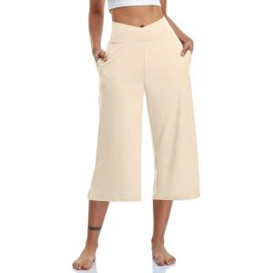 TARSE Womens Casual Wide Leg Yoga Capris Crossover High Waist Capri Pants Loose Soft Pajama Pockets Sweatpants(Lightkhaki)