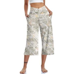 TARSE Womens Casual Wide Leg Yoga Capris Crossover High Waist Capri Pants Loose Soft Pajama Pockets Sweatpants(Mapleleaf Apricot)
