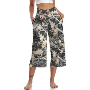 TARSE Womens Casual Wide Leg Yoga Capris Crossover High Waist Capri Pants Loose Soft Pajama Pockets Sweatpants(Mapleleaf Black)