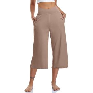 TARSE Womens Casual Wide Leg Yoga Capris Crossover High Waist Capri Pants Loose Soft Pajama Pockets Sweatpants(Mocha Brown)