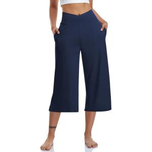 TARSE Womens Casual Wide Leg Yoga Capris Crossover High Waist Capri Pants Loose Soft Pajama Pockets Sweatpants(Navy)
