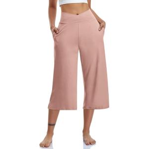 TARSE Womens Casual Wide Leg Yoga Capris Crossover High Waist Capri Pants Loose Soft Pajama Pockets Sweatpants(Pink)