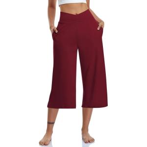 TARSE Womens Casual Wide Leg Yoga Capris Crossover High Waist Capri Pants Loose Soft Pajama Pockets Sweatpants(Wine Red)