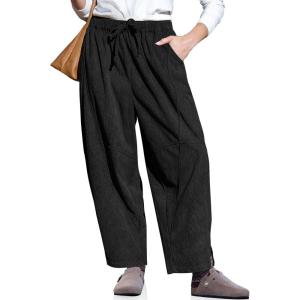 TARSE Womens Corduroy Harem Pants Casual Elastic Waist Wide Leg Pants Loose Fit Baggy Trousers with Pockets(Black)