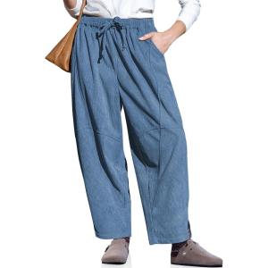 TARSE Womens Corduroy Harem Pants Casual Elastic Waist Wide Leg Pants Loose Fit Baggy Trousers with Pockets(Gray Blue)