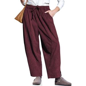 TARSE Womens Corduroy Harem Pants Casual Elastic Waist Wide Leg Pants Loose Fit Baggy Trousers with Pockets(Jujube Red)