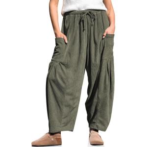TARSE Womens Corduroy Wide Leg Pants Casual Loose Baggy Drawstring Palazzo Harem Pants with Pockets(Army Green)