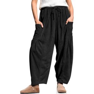TARSE Womens Corduroy Wide Leg Pants Casual Loose Baggy Drawstring Palazzo Harem Pants with Pockets(Black)