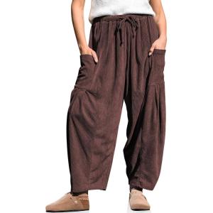 TARSE Womens Corduroy Wide Leg Pants Casual Loose Baggy Drawstring Palazzo Harem Pants with Pockets(Dark Coffee)