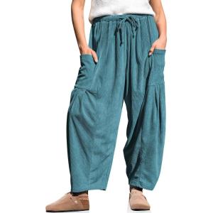 TARSE Womens Corduroy Wide Leg Pants Casual Loose Baggy Drawstring Palazzo Harem Pants with Pockets(Lake Blue)