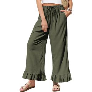 TARSE Women’s Linen Casual Pants Flared Leg Wide Leg Drawstring Ruffle Harem Palazzo Pants with Pockets(Army Green)