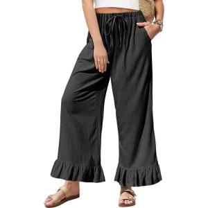TARSE Women’s Linen Casual Pants Flared Leg Wide Leg Drawstring Ruffle Harem Palazzo Pants with Pockets(Black)