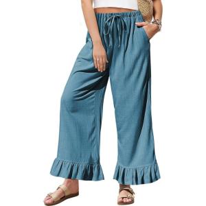TARSE Women’s Linen Casual Pants Flared Leg Wide Leg Drawstring Ruffle Harem Palazzo Pants with Pockets(Lake Blue)