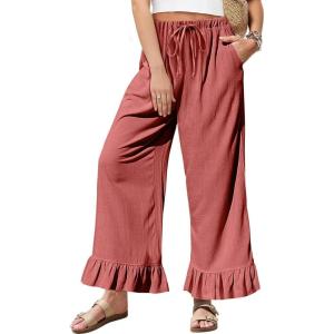 TARSE Women’s Linen Casual Pants Flared Leg Wide Leg Drawstring Ruffle Harem Palazzo Pants with Pockets(Rust Red)