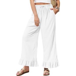 TARSE Women’s Linen Casual Pants Flared Leg Wide Leg Drawstring Ruffle Harem Palazzo Pants with Pockets(White)