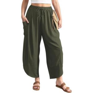 TARSE Women’s Linen Harem Pants Casual Loose Drawstring Elastic Waist Summer Beach Travel Vacation with Pockets(Army Green)