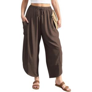 TARSE Women’s Linen Harem Pants Casual Loose Drawstring Elastic Waist Summer Beach Travel Vacation with Pockets(Dark Coffee)