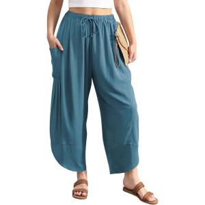 TARSE Women’s Linen Harem Pants Casual Loose Drawstring Elastic Waist Summer Beach Travel Vacation with Pockets(Lake Blue)